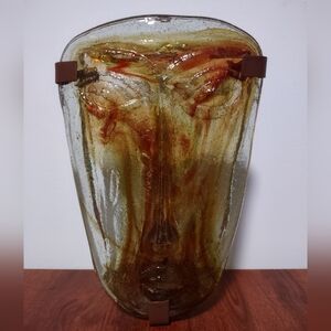 Vintage Art Glass Face Mask Jaramillo brothers Hand Made Mexico With Stand Amber